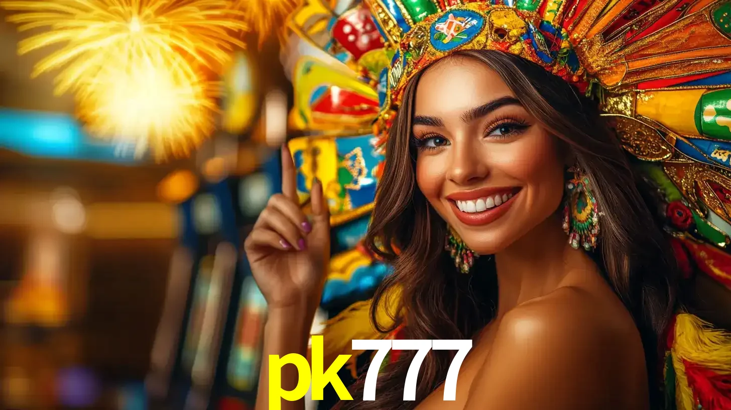 Mulher sorridente com um cocar de carnaval vibrante e colorido, celebrando uma grande vitória nos jogos do cassino pk777 com fogos de artifício ao fundo.
