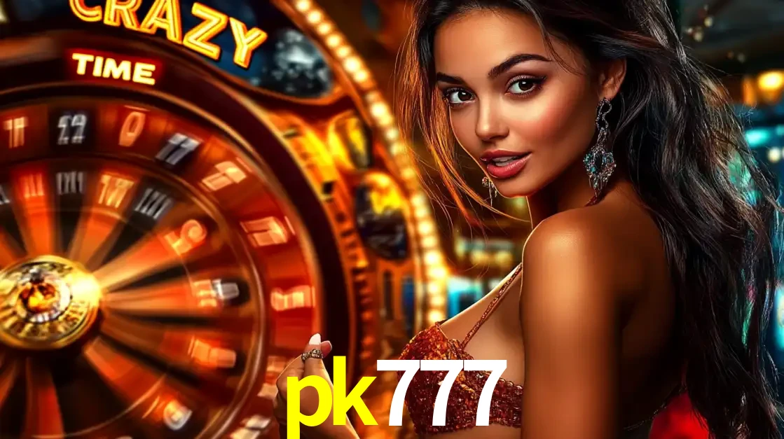 Mulher ao lado da roda de prêmios do jogo de cassino ao vivo Crazy Time, um dos shows de jogos mais emocionantes oferecidos pela plataforma de apostas pk777.