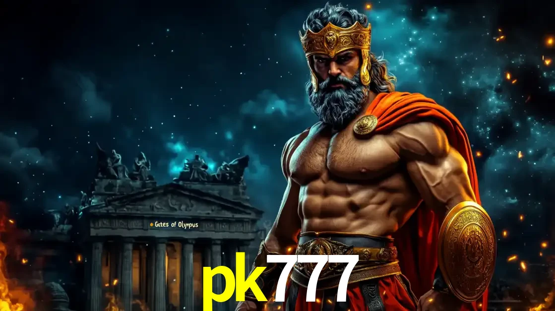 O poderoso Zeus do jogo de slot Gates of Olympus em frente ao seu templo, pronto para lançar multiplicadores divinos e prêmios épicos no cassino online pk777.