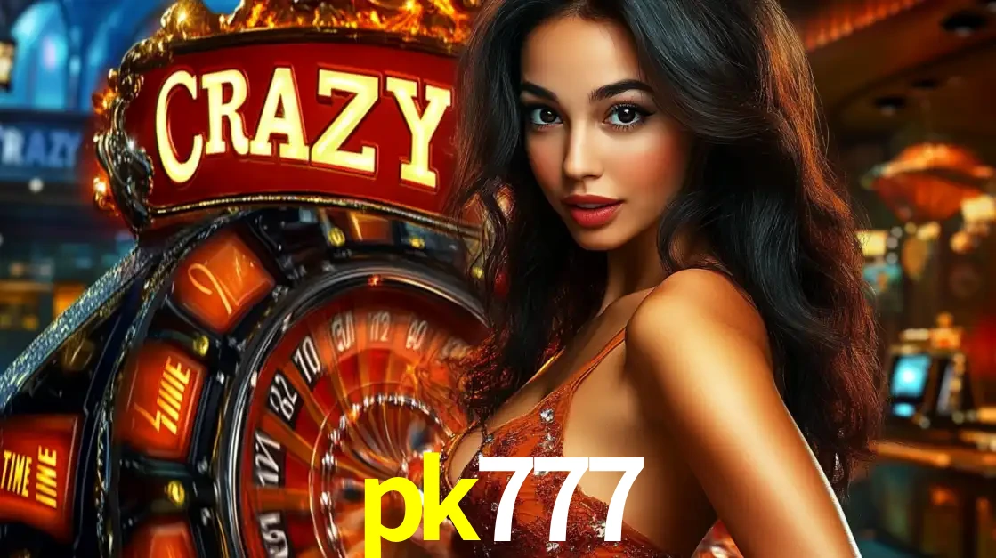 Mulher glamourosa olhando para a câmera com a roda vermelha do Crazy Time ao fundo em um ambiente de cassino, destacando a emoção dos jogos ao vivo no pk777.