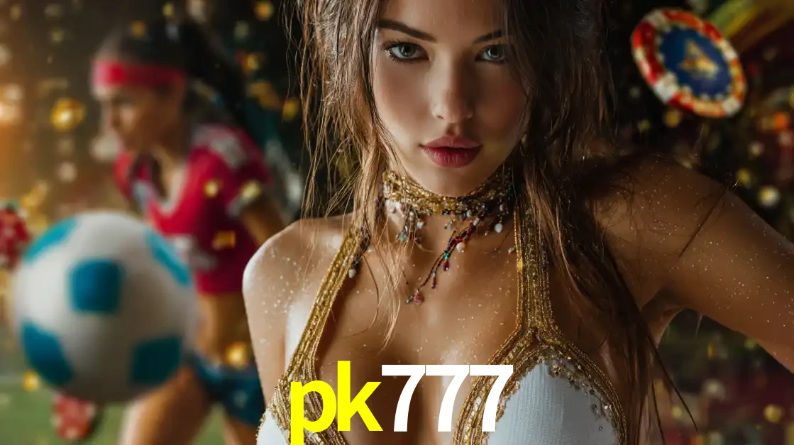 Mulher elegante representando a combinação de glamour e emoção das apostas esportivas, com uma jogadora de futebol ao fundo, destacando a ação no pk777.