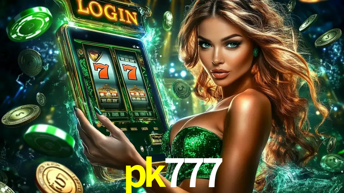 Mulher com tema verde apresentando o aplicativo do cassino pk777 com um jogo de slot de 777, cercada por fichas de cassino e uma aura de sorte.