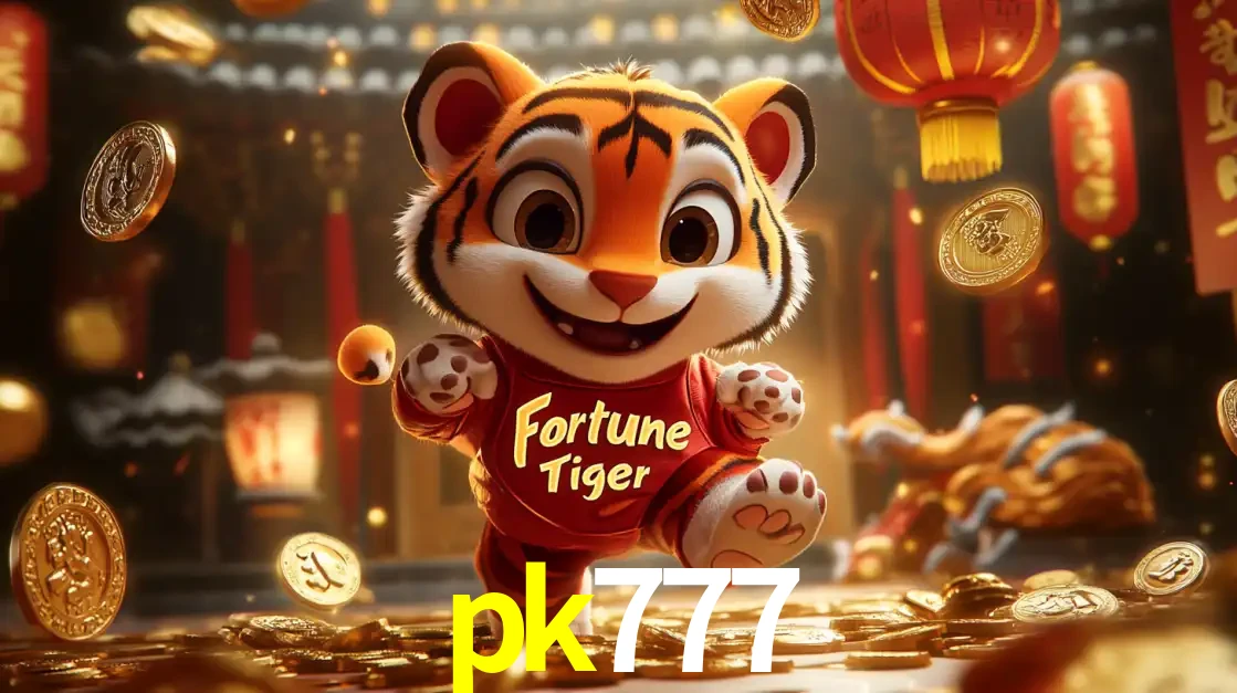 O alegre personagem do Fortune Tiger correndo sobre um caminho de moedas de ouro, simbolizando os grandes prêmios e a diversão do popular jogo de slot do pk777.