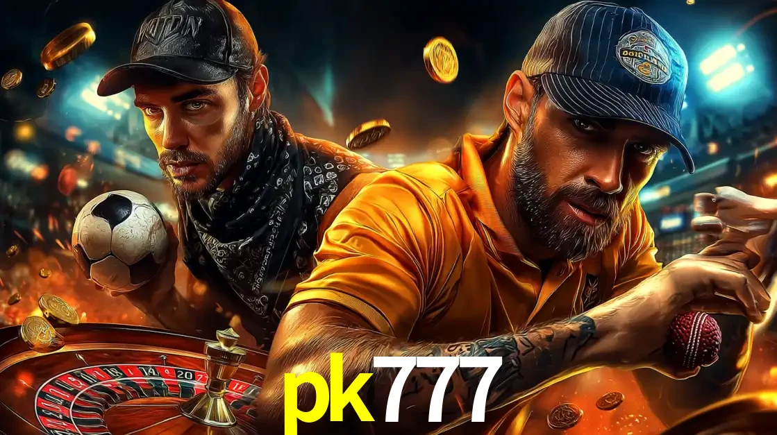 Montagem de apostas esportivas e cassino no pk777, com um homem segurando uma bola de futebol e outro uma de beisebol sobre uma roleta e moedas voadoras.