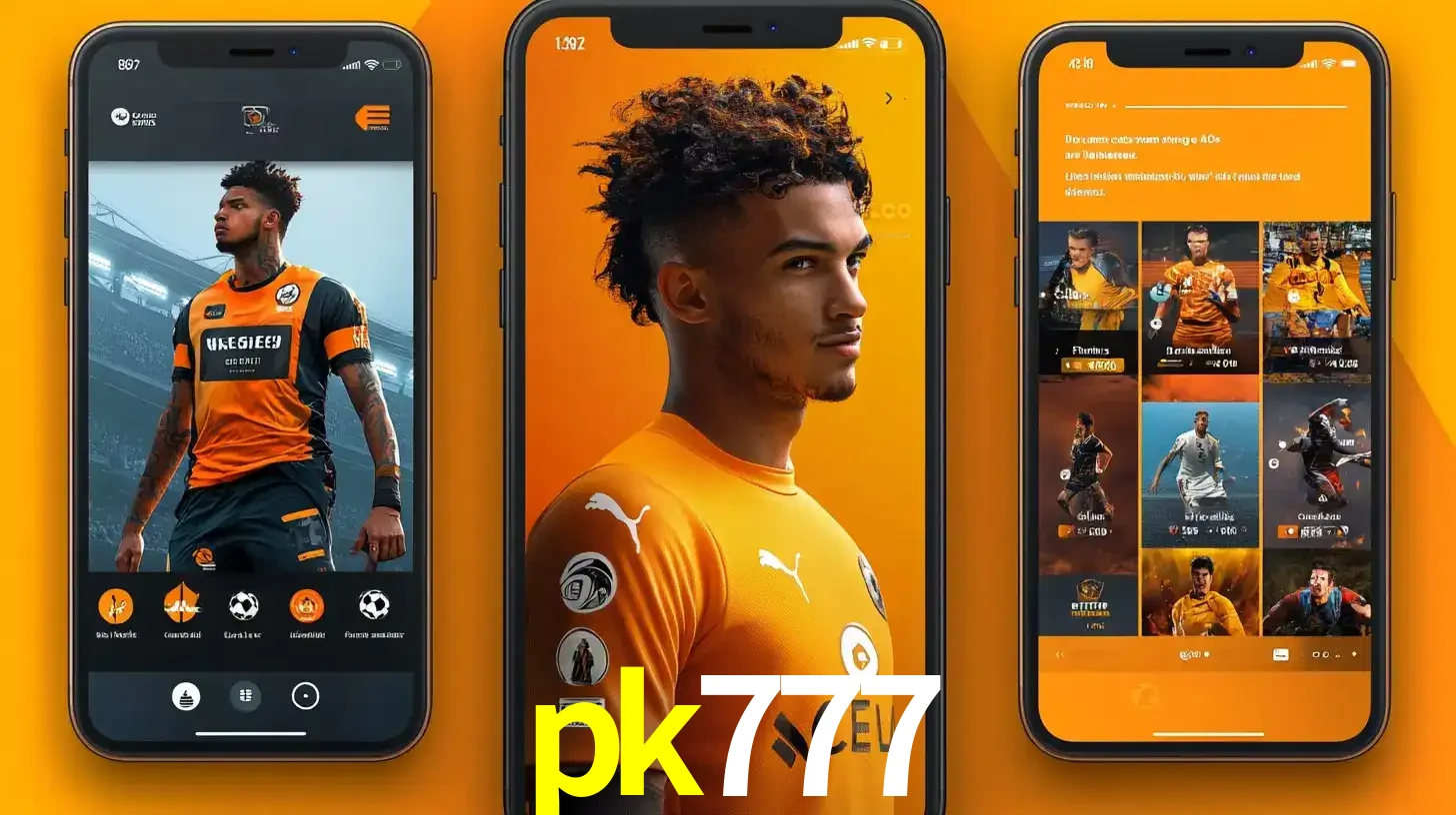 Interface do aplicativo de apostas esportivas pk777 em três telas de celular, mostrando o perfil de um jogador de futebol e a lista de jogos disponíveis para apostar.