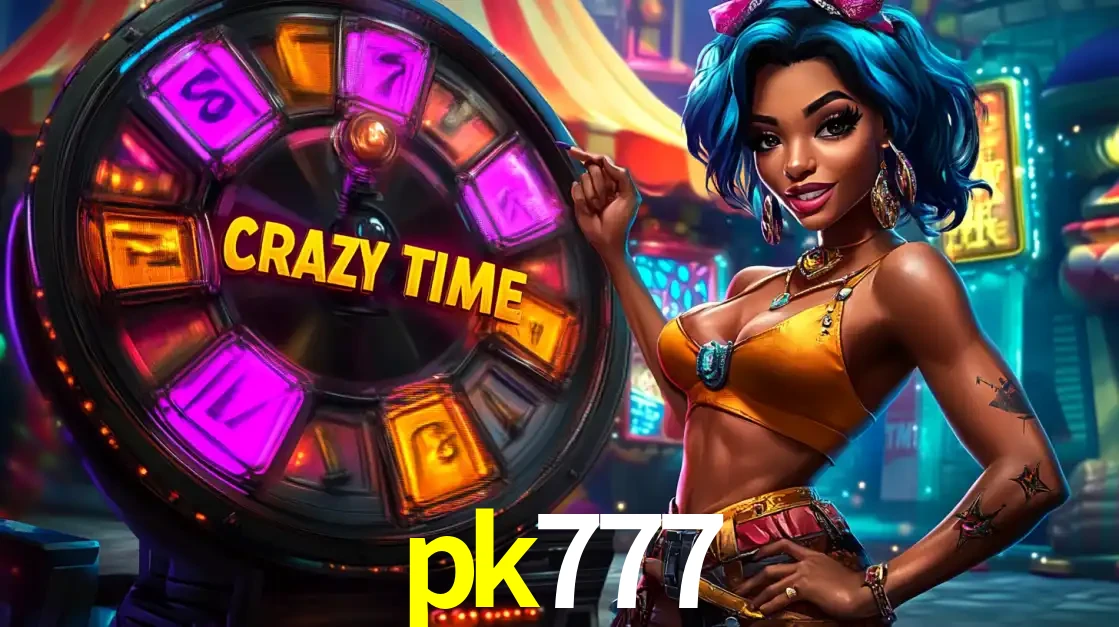 Mulher estilizada com cabelo azul e visual vibrante posando ao lado da roda de prêmios do game show Crazy Time, convidando para a diversão e os bônus do cassino pk777.