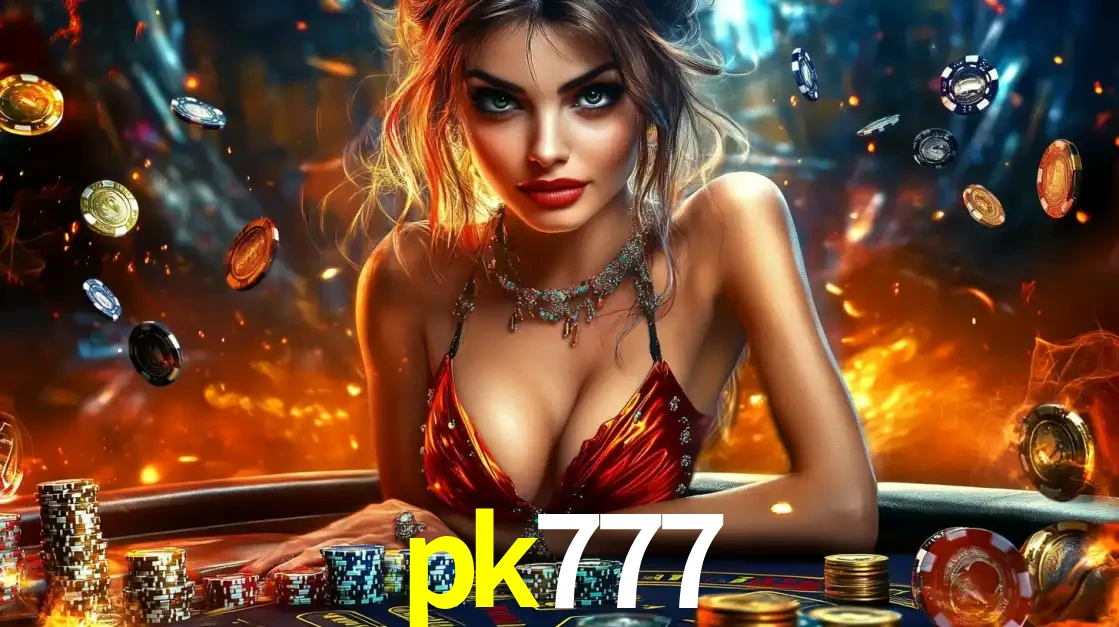 Mulher em uma mesa de cassino com pilhas de fichas e um fundo de fogo, pronta para uma rodada de altas apostas nos jogos de mesa emocionantes do cassino pk777.