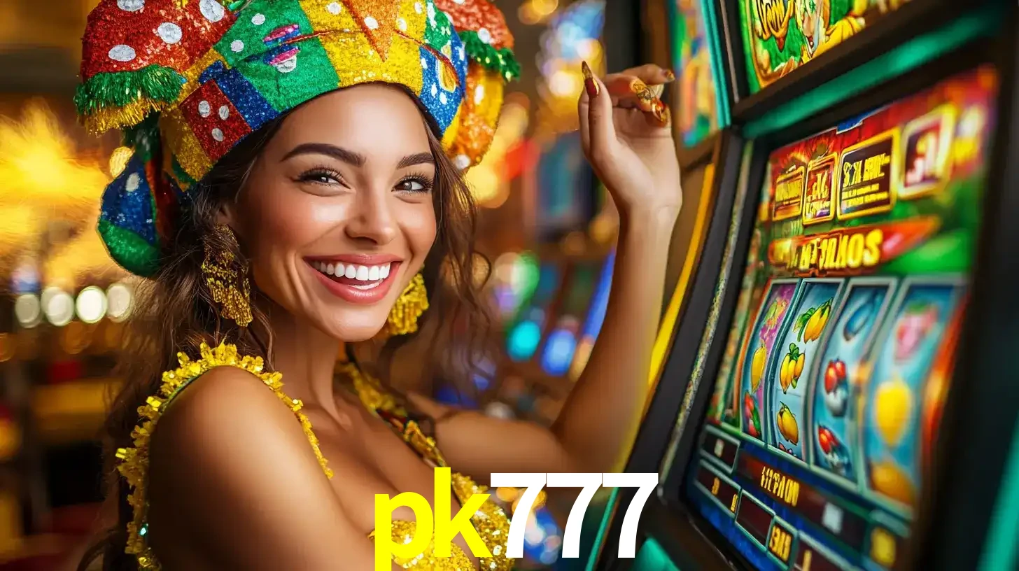 Mulher feliz com traje de carnaval amarelo e colorido ao lado de uma máquina de caça-níqueis, aproveitando a diversão e os jogos temáticos do cassino pk777.