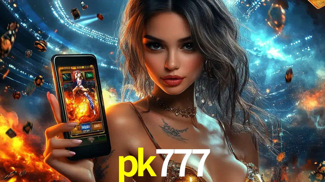 Mulher segurando um celular com um jogo de slot em destaque, tendo como fundo um estádio vibrante, simbolizando a emoção de jogar no cassino móvel pk777.