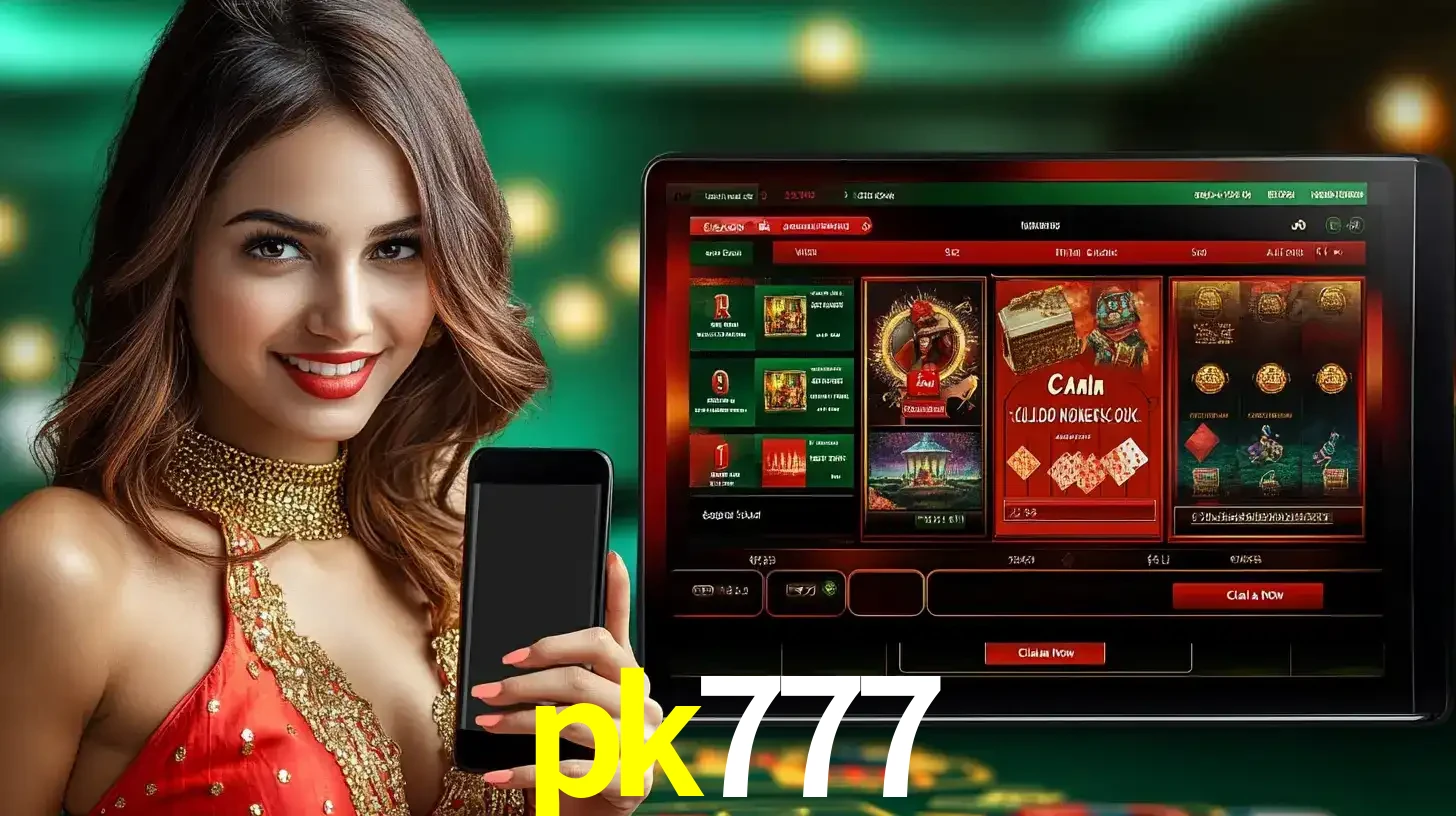 Mulher sorridente segurando um smartphone, ao lado de uma tela exibindo o lobby de jogos do cassino online pk777, com várias opções de jogos de cartas e slots.